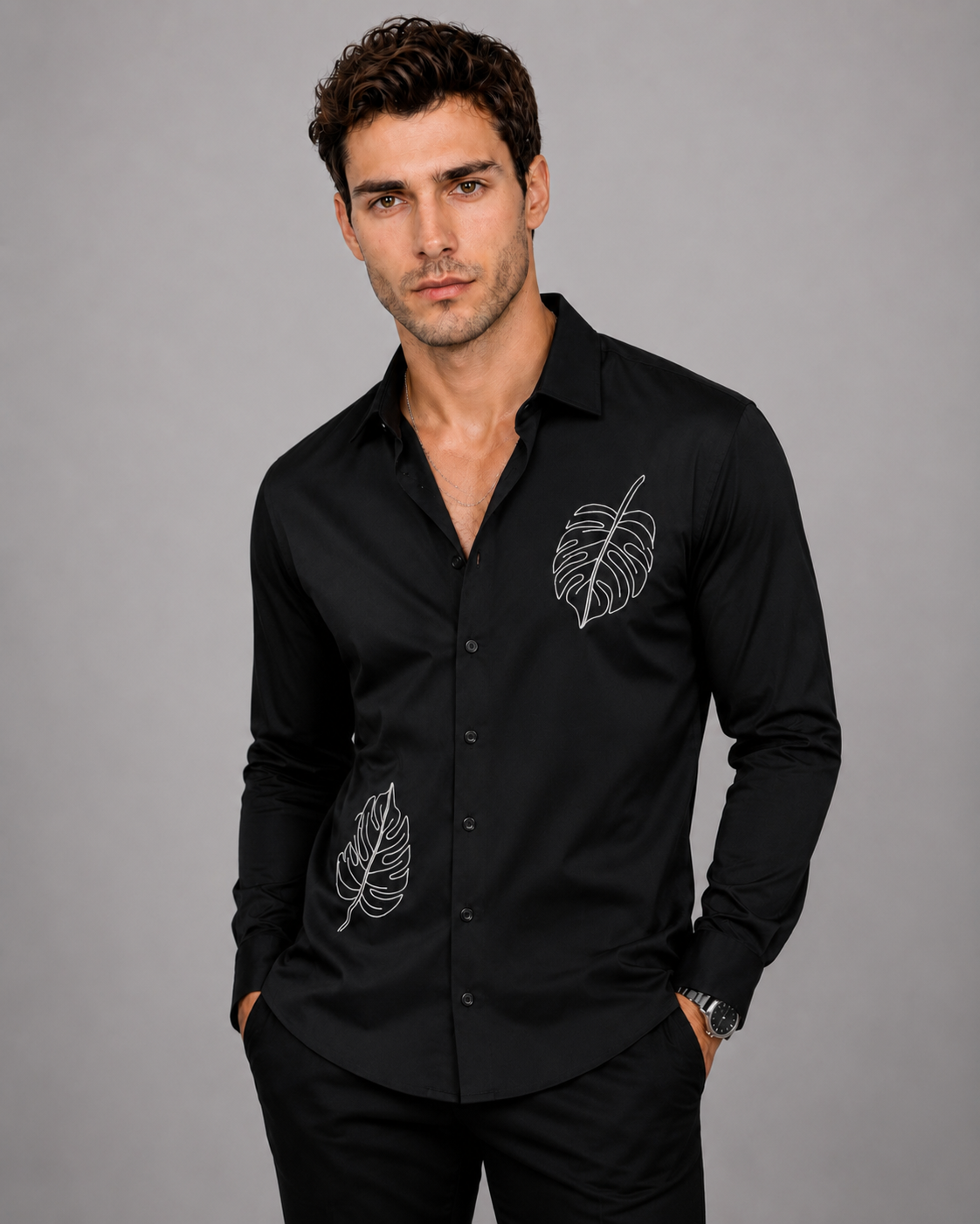 Black Monstera Embroidery Shirt