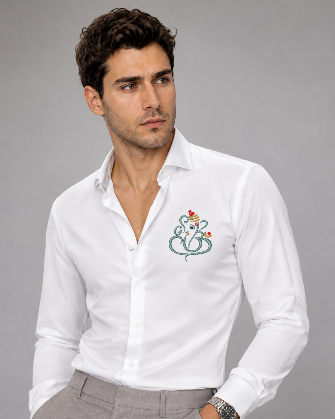 Ganesh Embroidered White Shirt