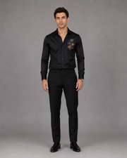 Black Floral Embroidered Cotton Satin Shirt