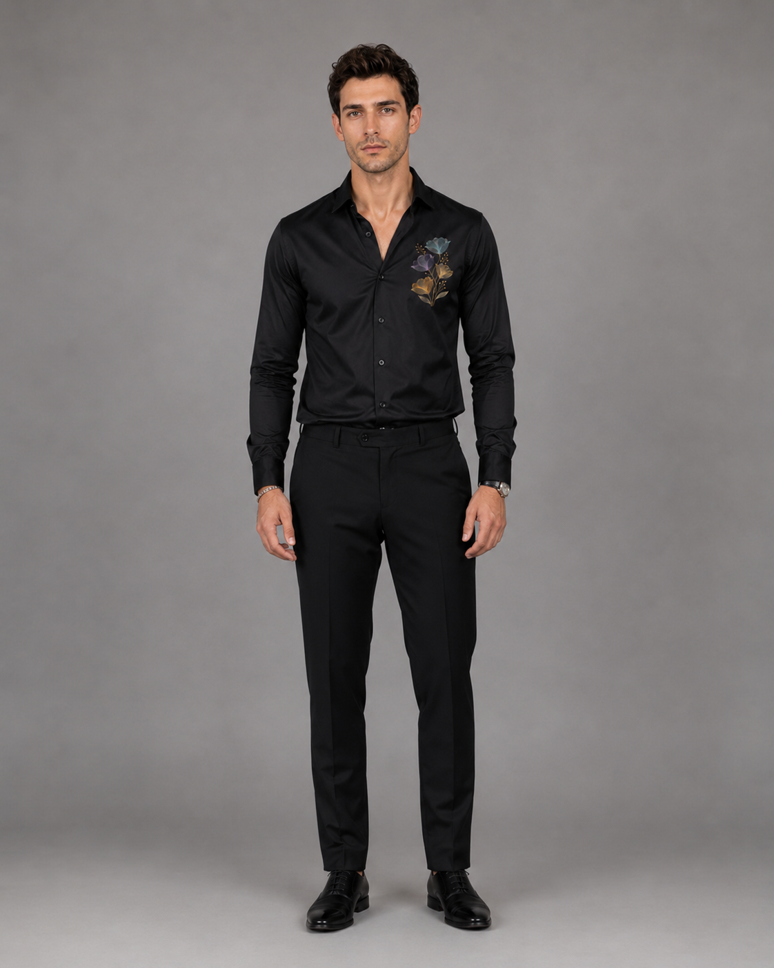 Black Floral Embroidered Cotton Satin Shirt