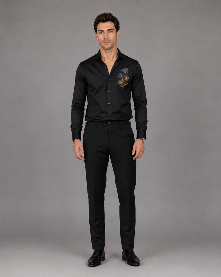 Black Floral Embroidered Cotton Satin Shirt