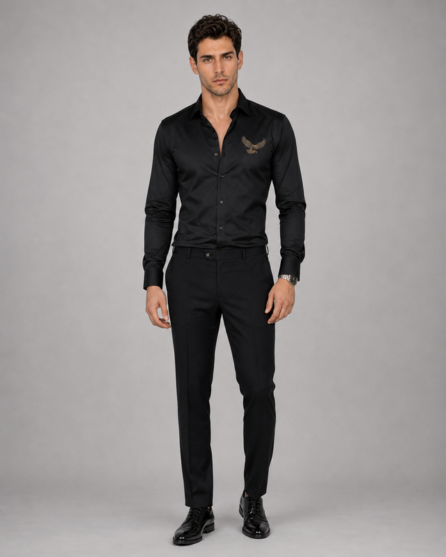 Black Eagle Embroidered Cotton Satin Shirt