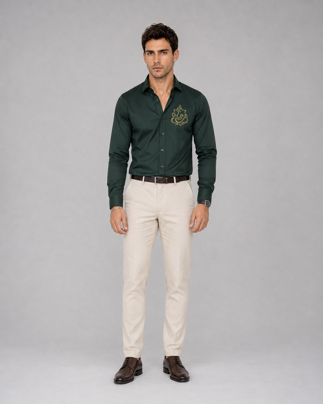 Bottle Green Ganesh Embroidery Shirt