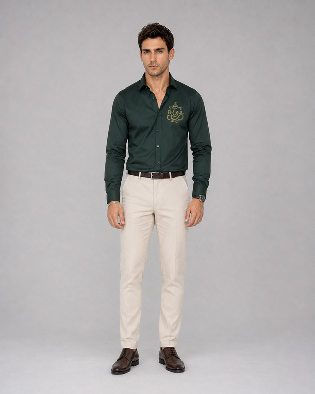 Bottle Green Ganesh Embroidery Shirt