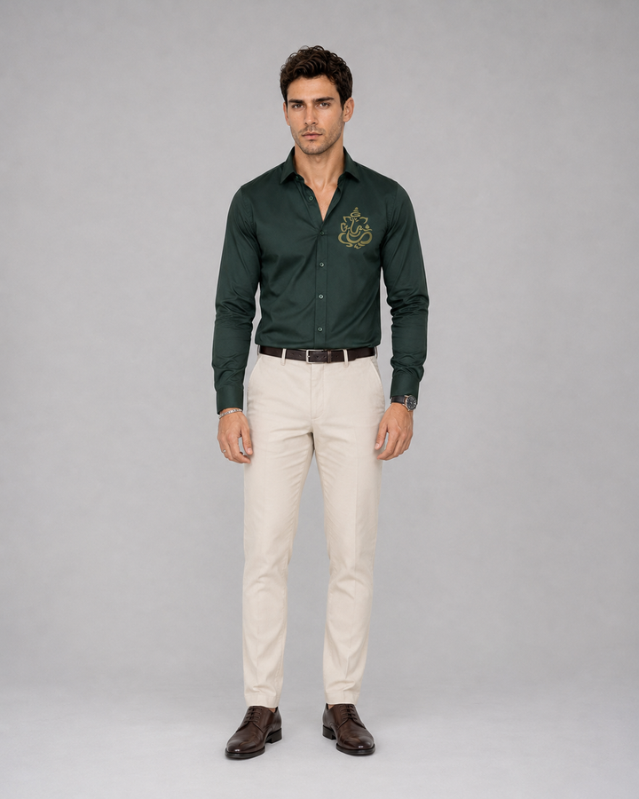 Bottle Green Ganesh Embroidery Shirt