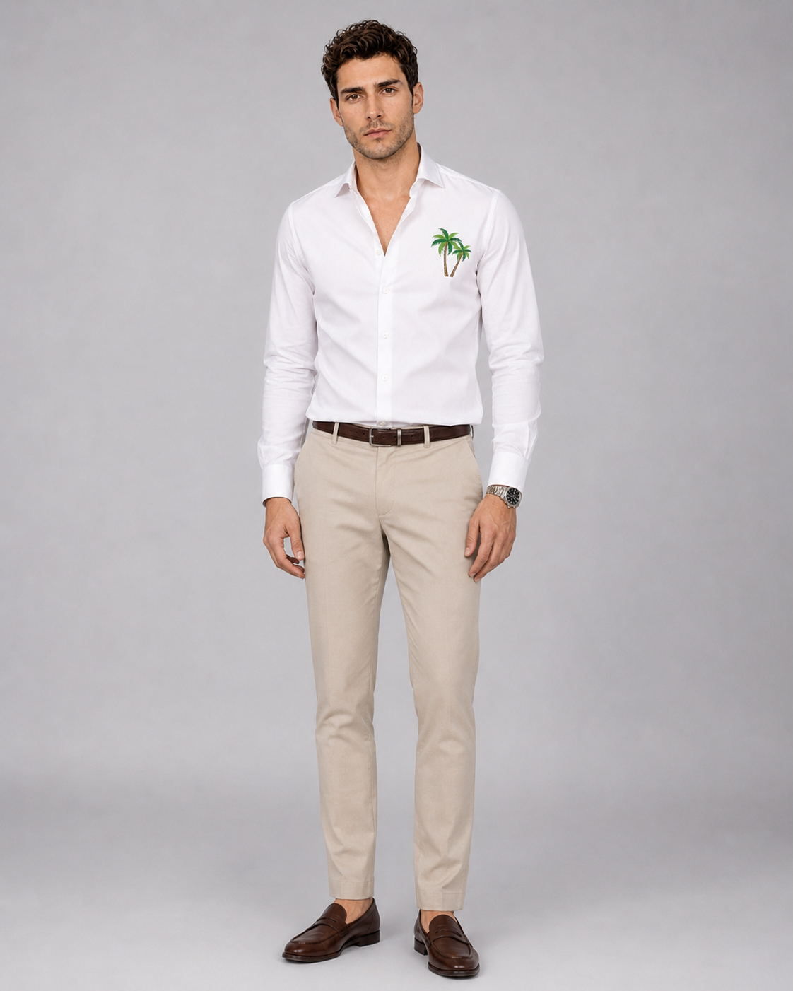 White Palm Embroidered Cotton Satin Shirt