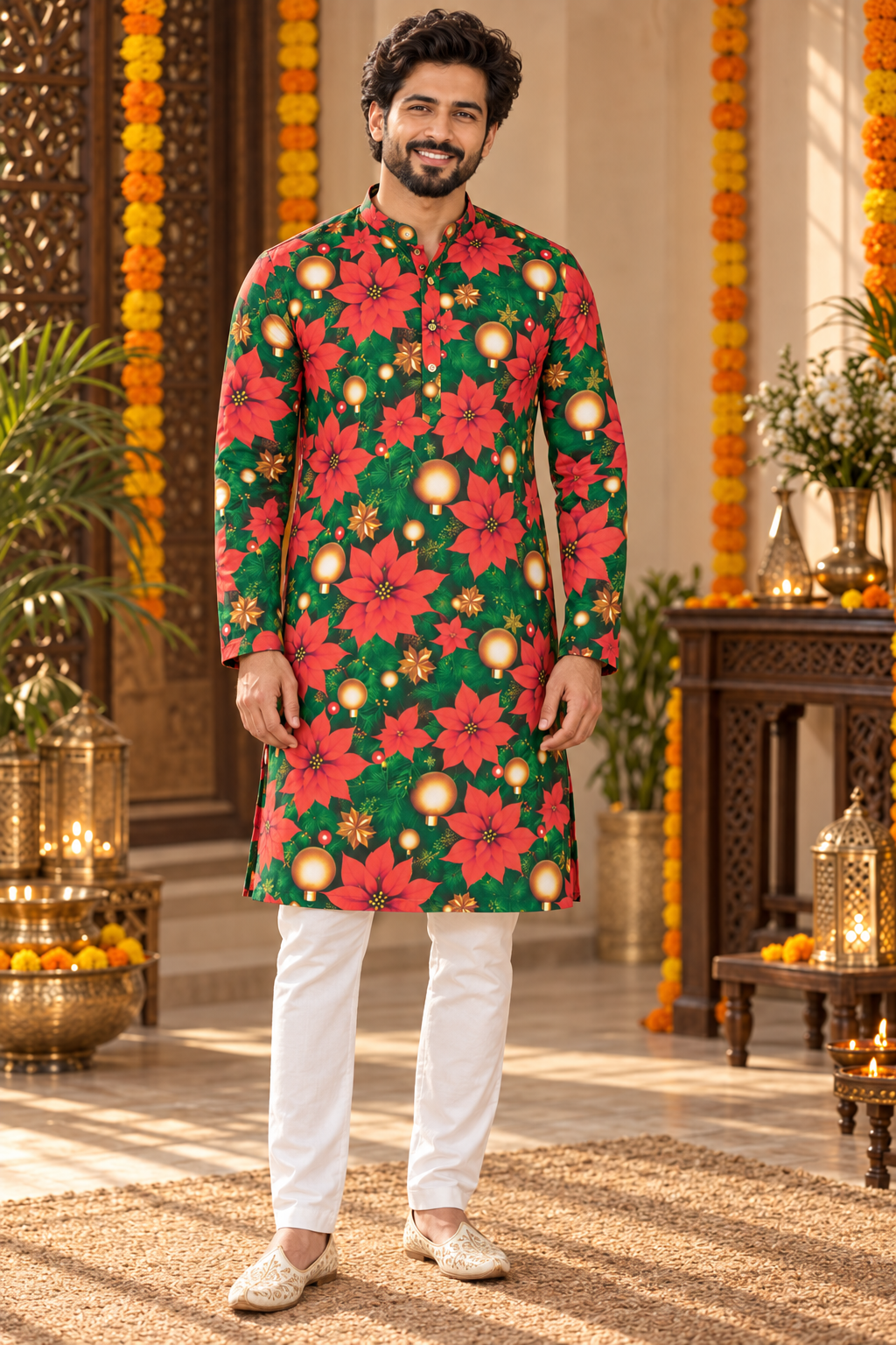 Festive Poinsettia Father–Son Twinning Kurta Pajama Set