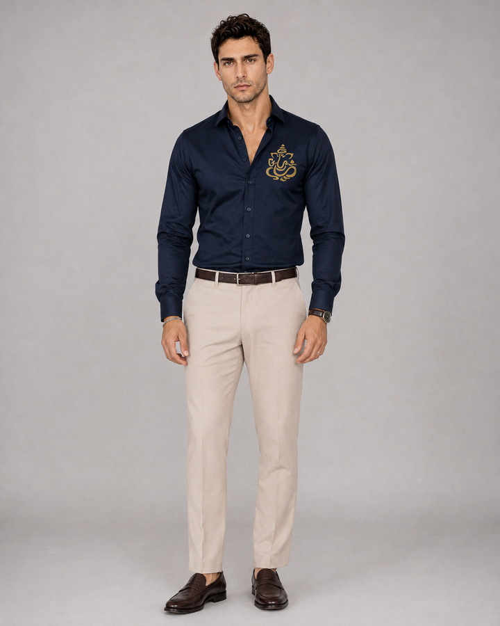 Navy Blue Ganesh Embroidered Shirt