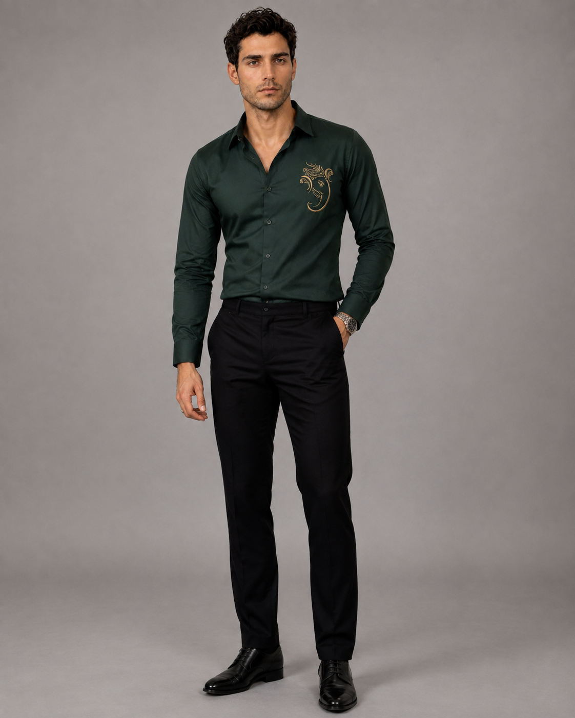 Bottle Green Ganesh Embroidered Shirt