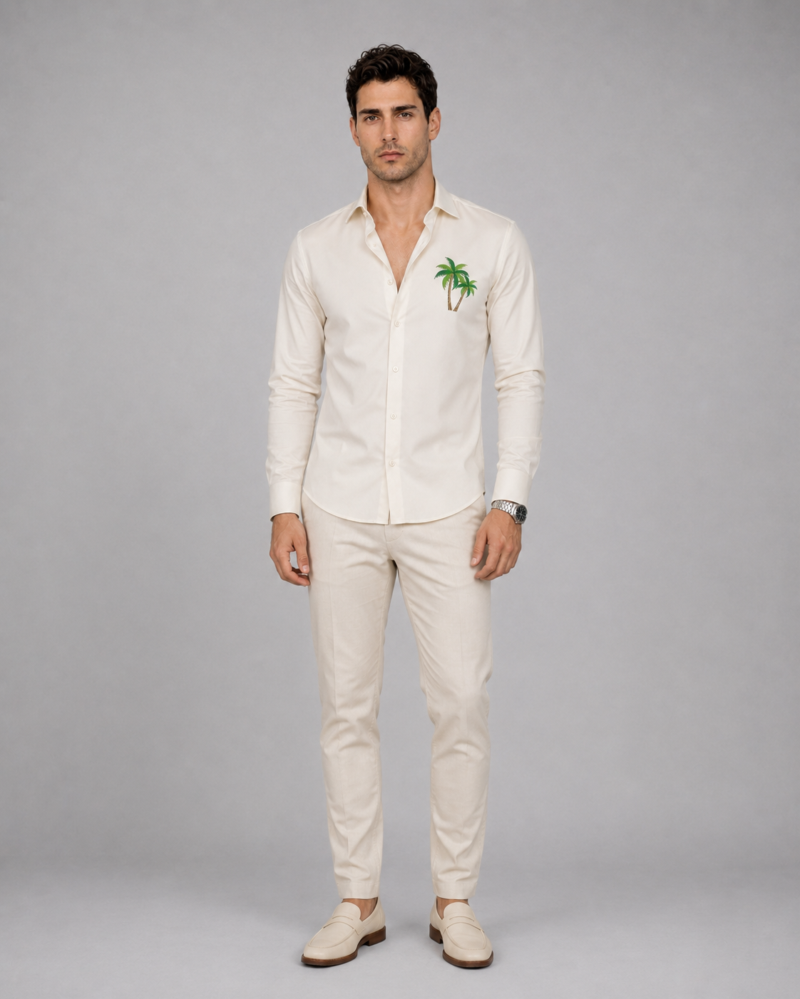 Cream Palm Embroidery Shirt