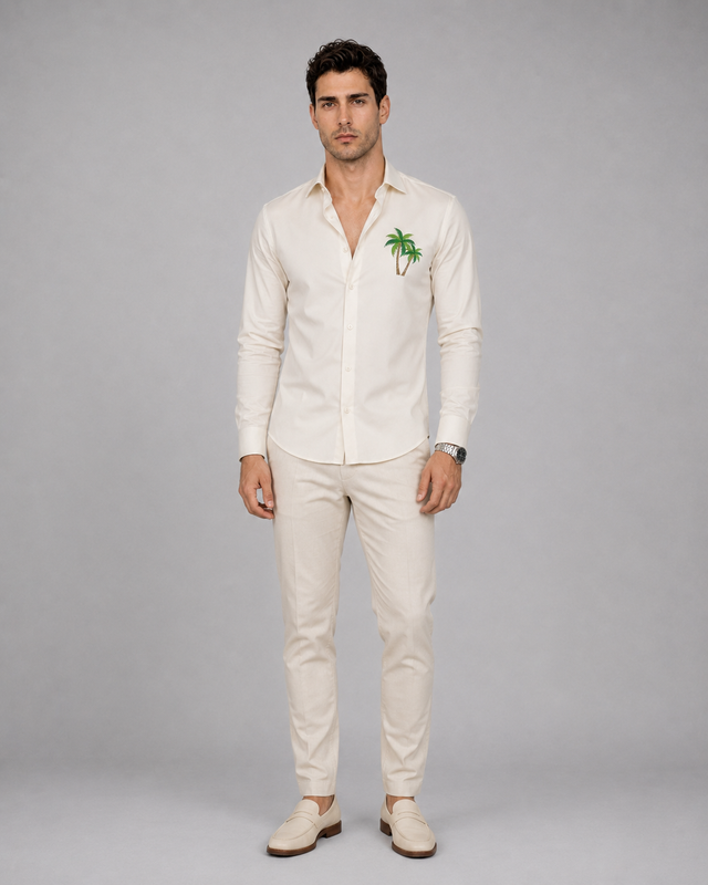 Cream Palm Embroidery Shirt