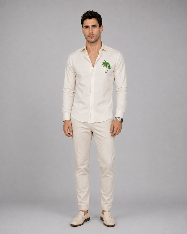 Cream Palm Embroidery Shirt