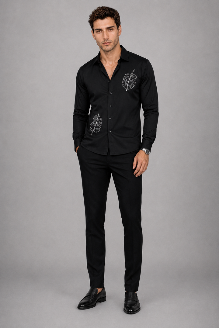 Black Monstera Embroidery Shirt