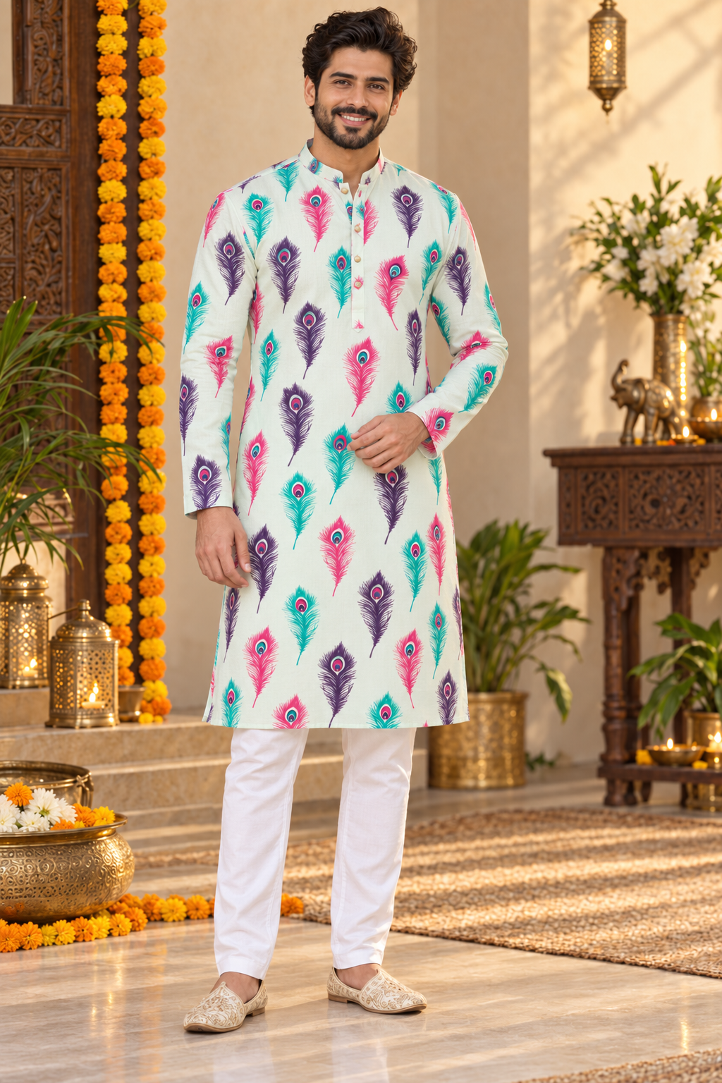 Peacock Feather Father–Son Twinning Kurta Pajama Set