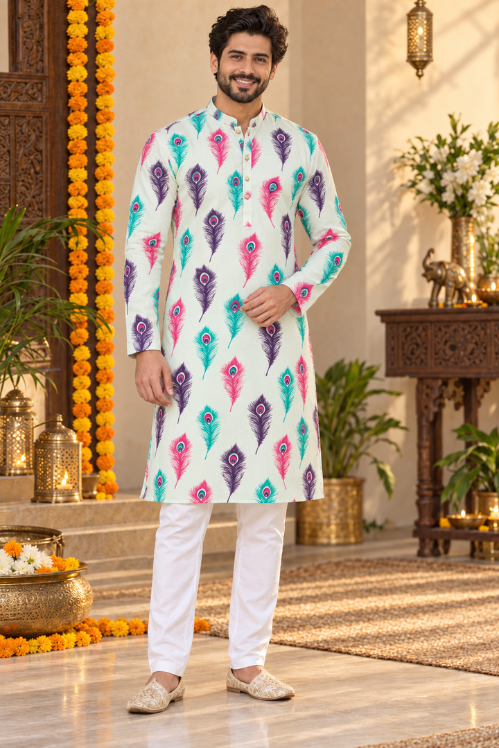 Peacock Feather Father–Son Twinning Kurta Pajama Set