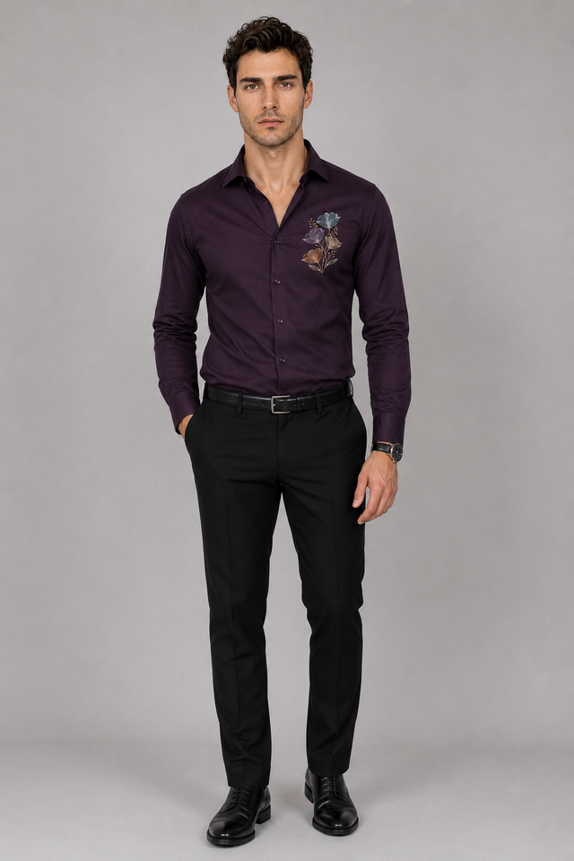 Dark Wine Floral Embroidery Shirt