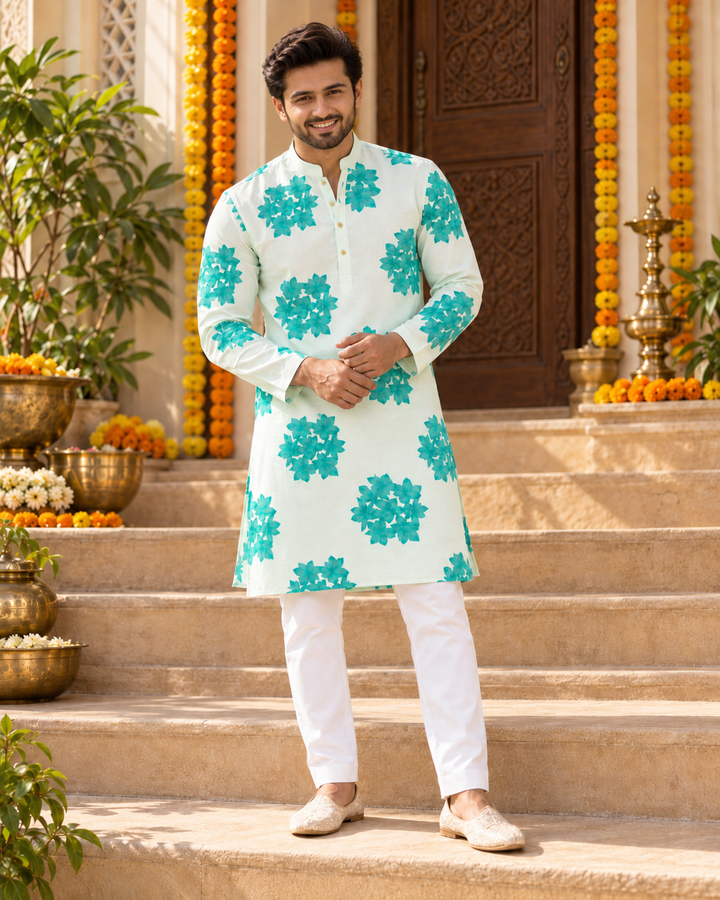 Mint Floral Father–Son Twinning Kurta