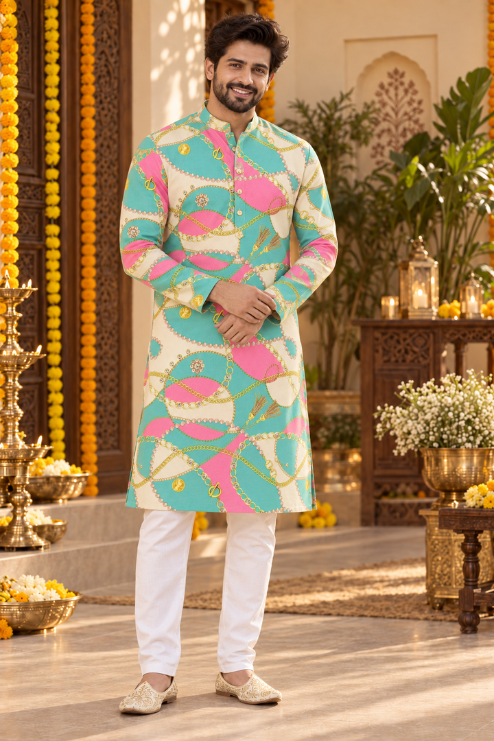 Mint Pink Chain Father–Son Twinning Kurta Pajama Set