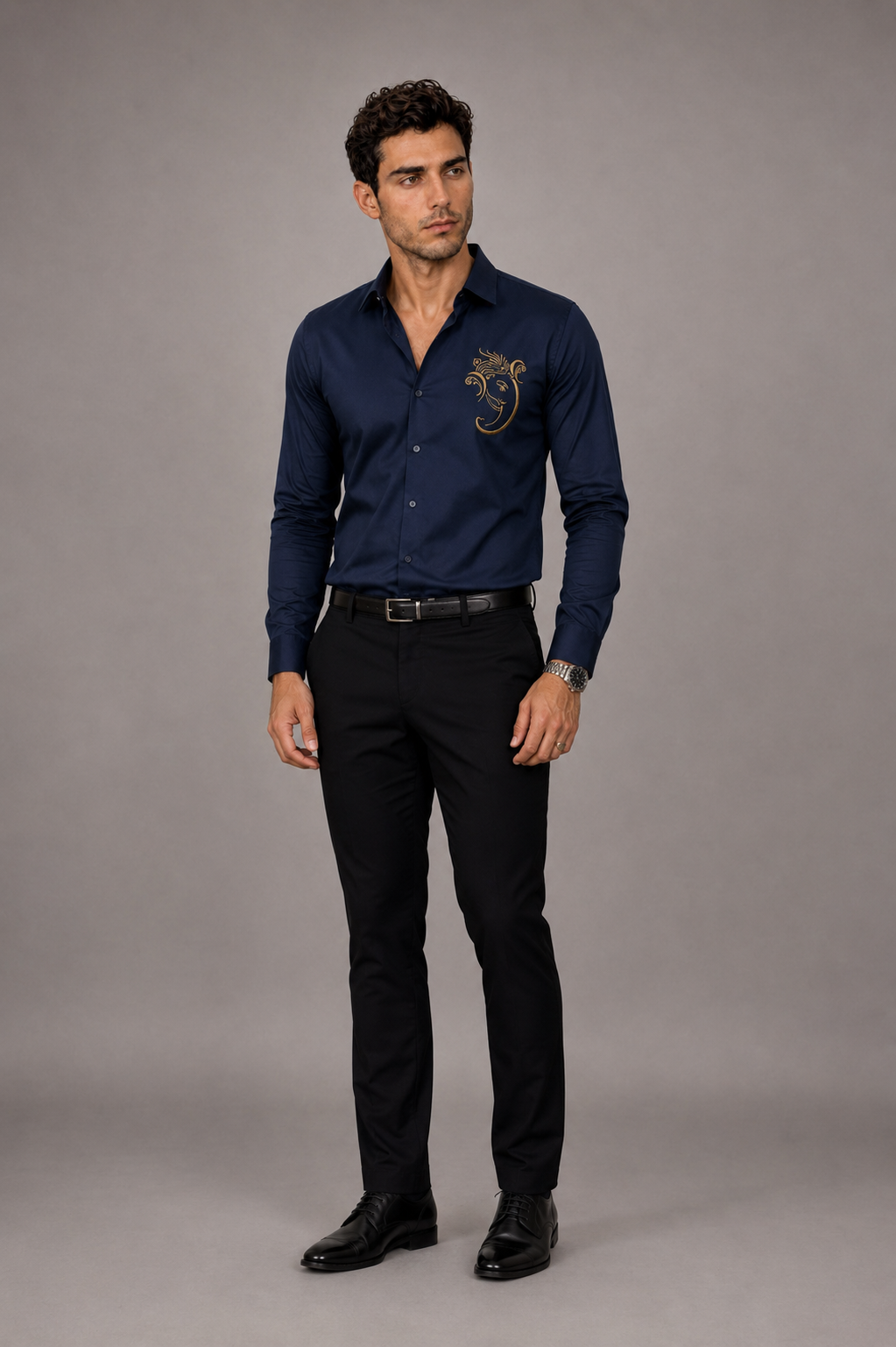 Navy Blue Ganesh Embroidered Shirt