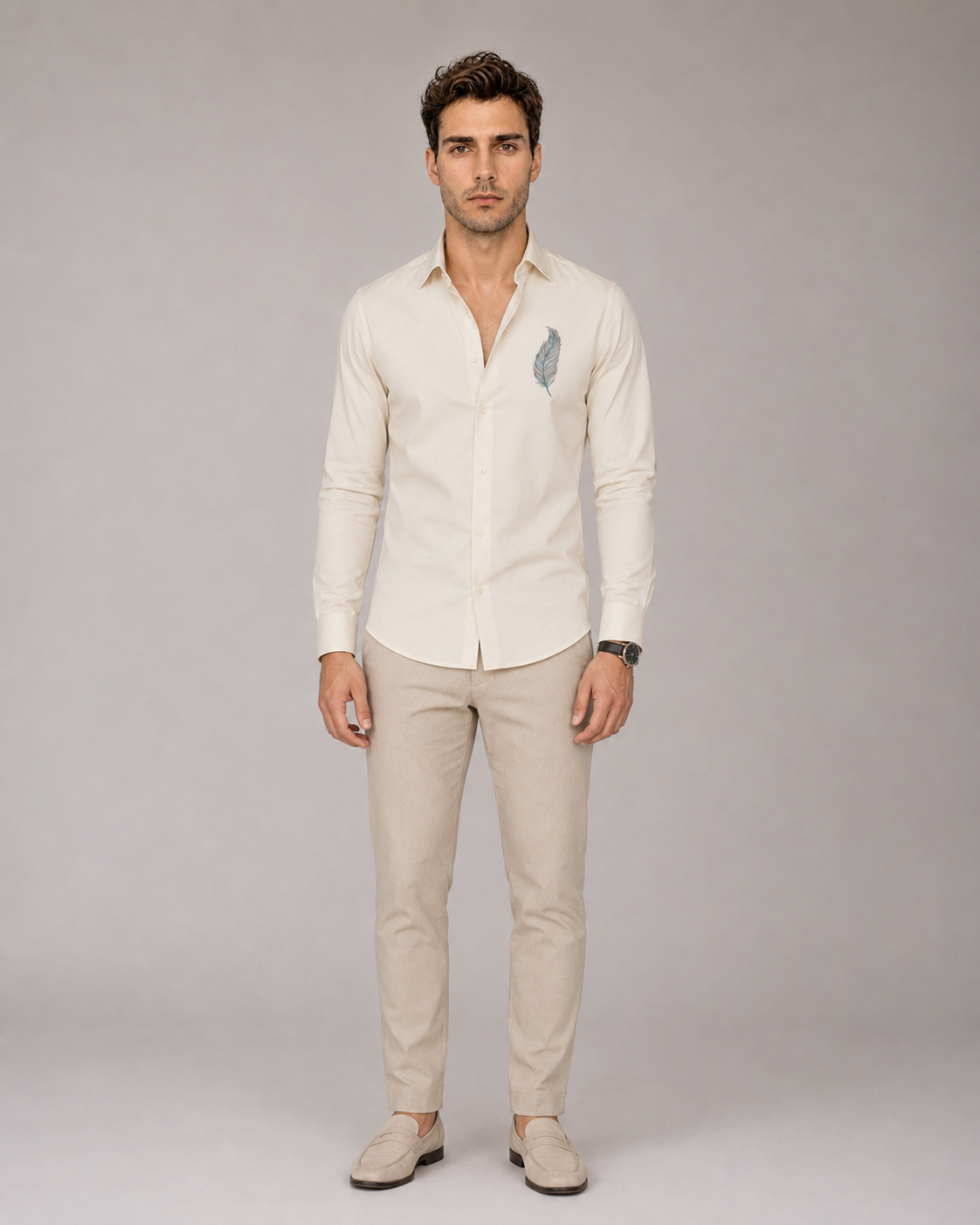 Ivory Feather Embroidered Cotton Satin Shirt