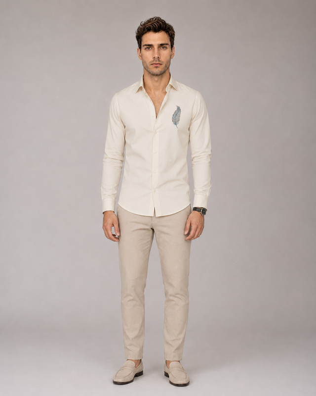Ivory Feather Embroidered Cotton Satin Shirt