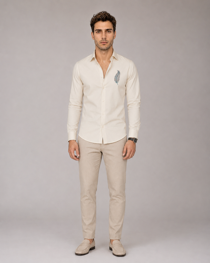 Ivory Feather Embroidered Cotton Satin Shirt