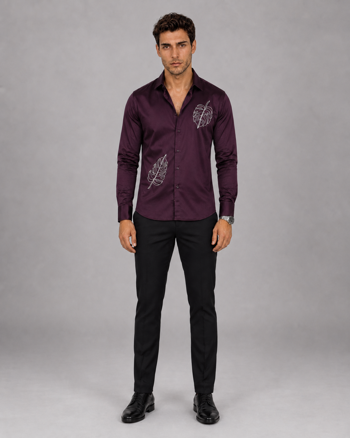 Dark Wine Monstera Embroidered Shirt