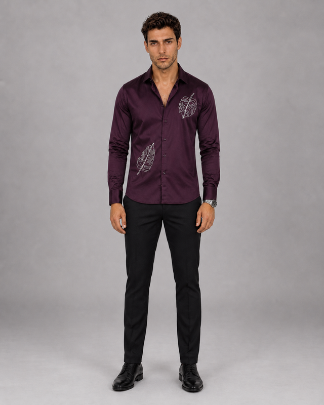 Dark Wine Monstera Embroidered Shirt
