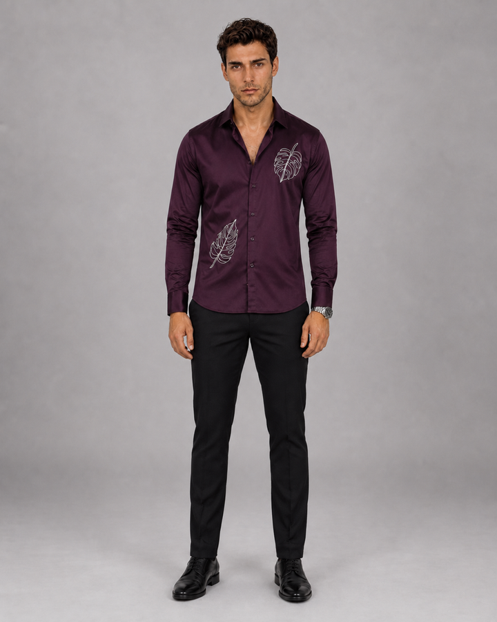 Dark Wine Monstera Embroidered Shirt