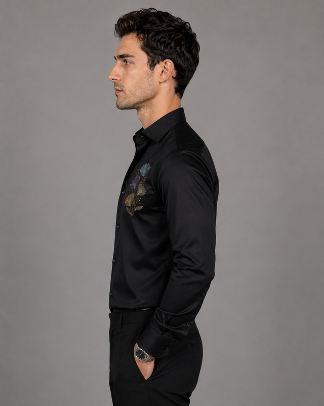Black Floral Embroidered Cotton Satin Shirt