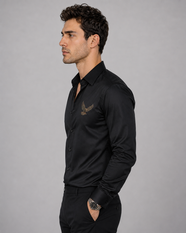 Black Eagle Embroidered Cotton Satin Shirt