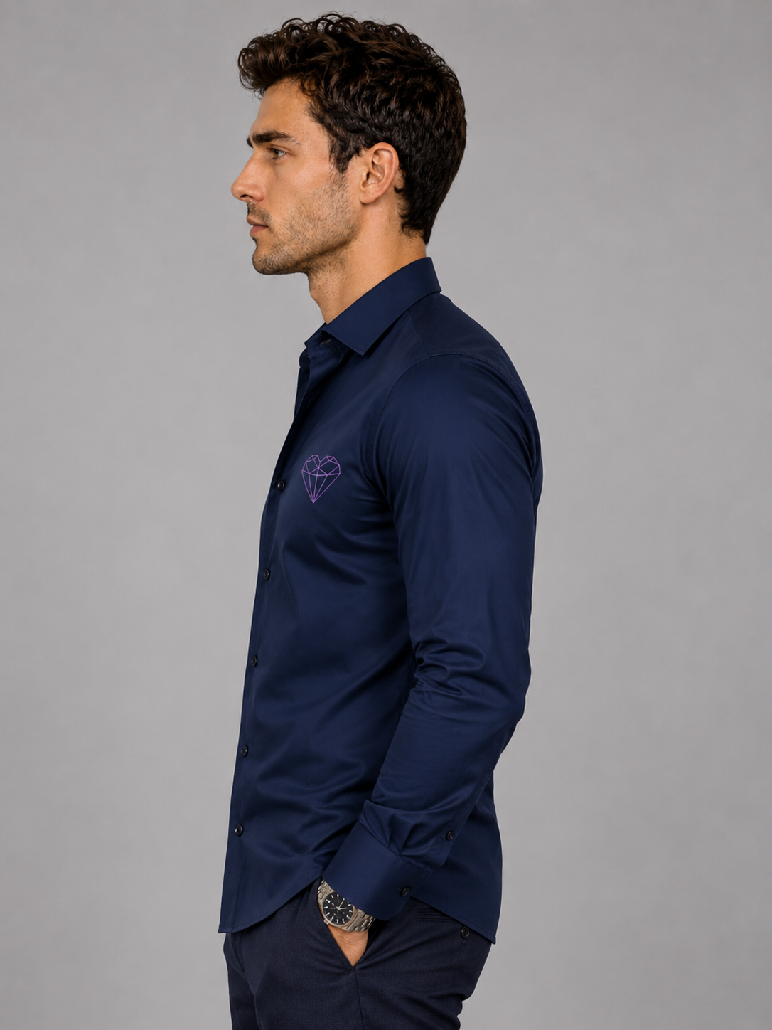 Navy Geometric Heart Embroidered Shirt