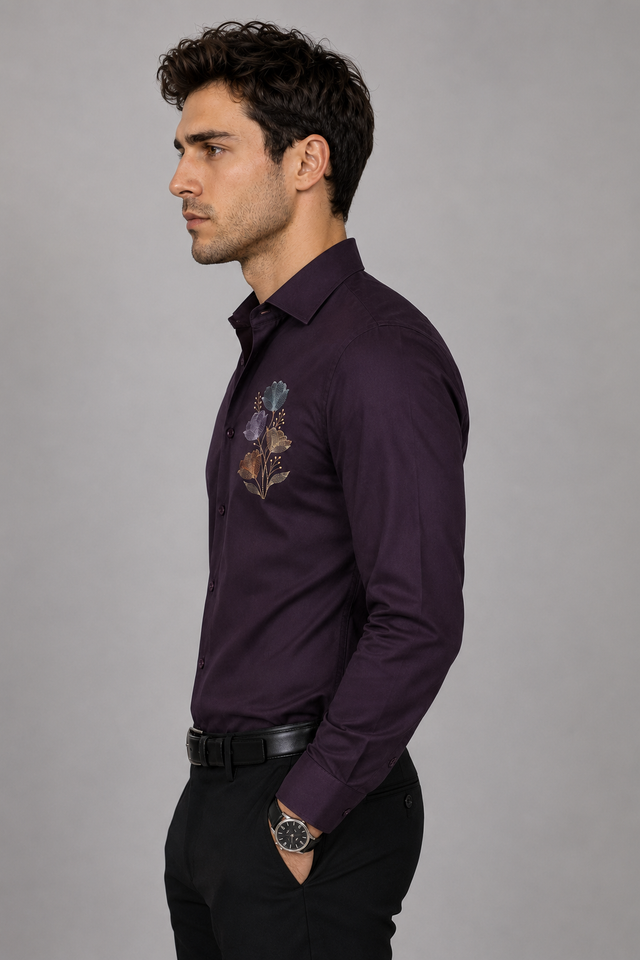 Dark Wine Floral Embroidery Shirt