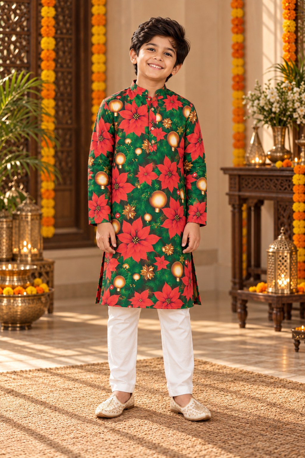 Festive Poinsettia Father–Son Twinning Kurta Pajama Set