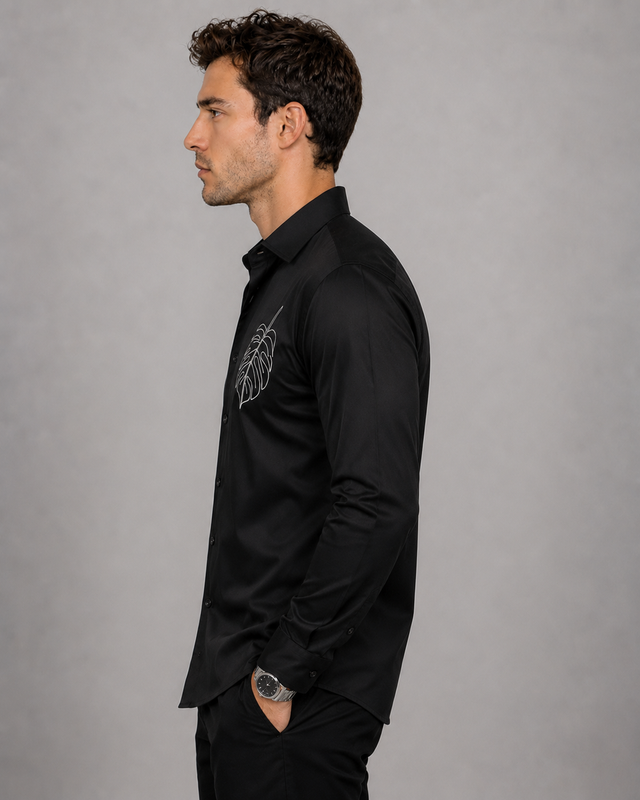 Black Monstera Embroidery Shirt