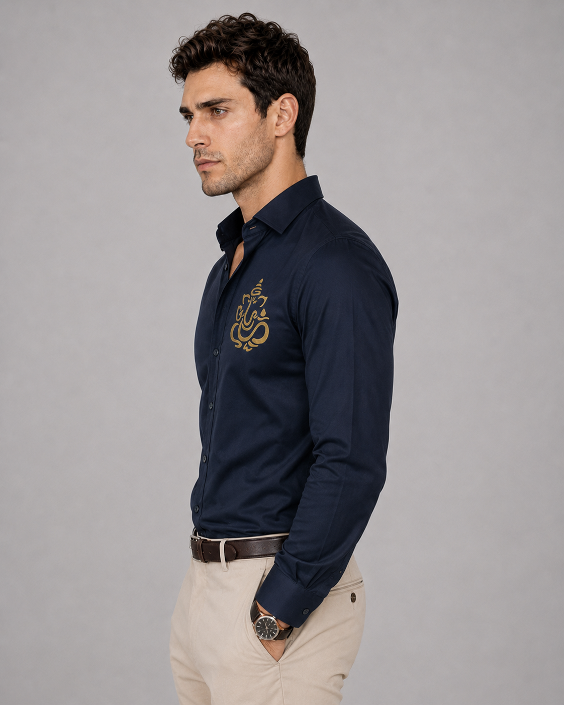 Navy Blue Ganesh Embroidered Shirt
