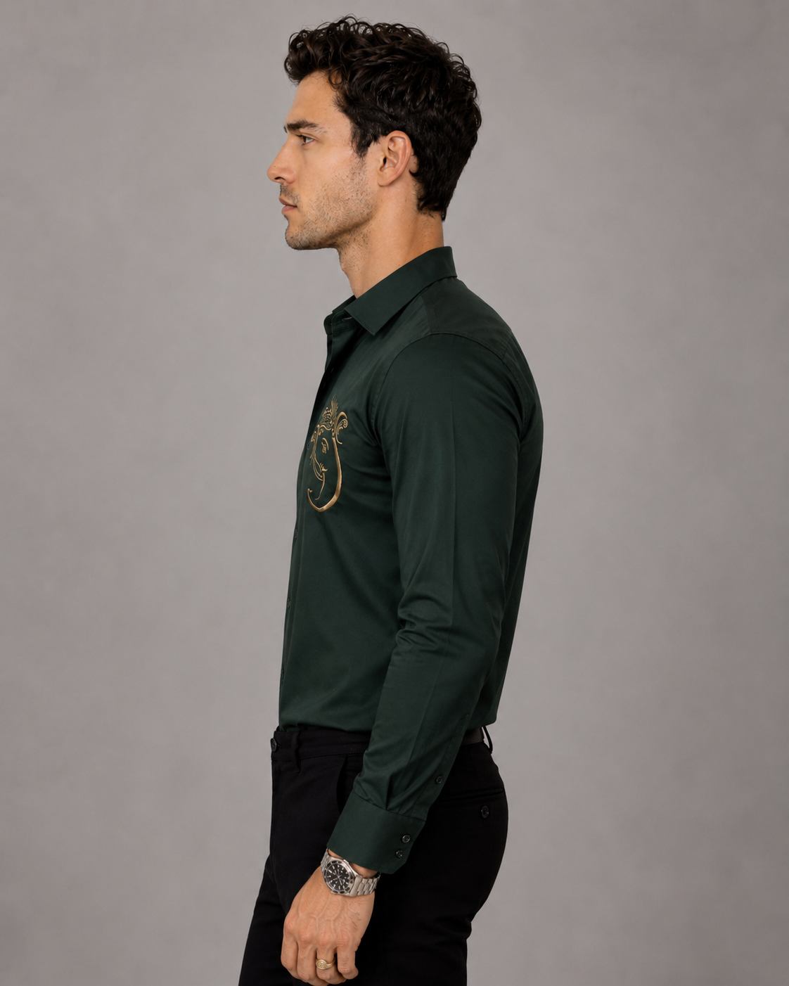 Bottle Green Ganesh Embroidered Shirt