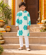 Mint Floral Father–Son Twinning Kurta