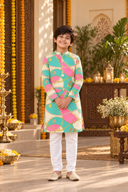 Mint Pink Chain Father–Son Twinning Kurta Pajama Set