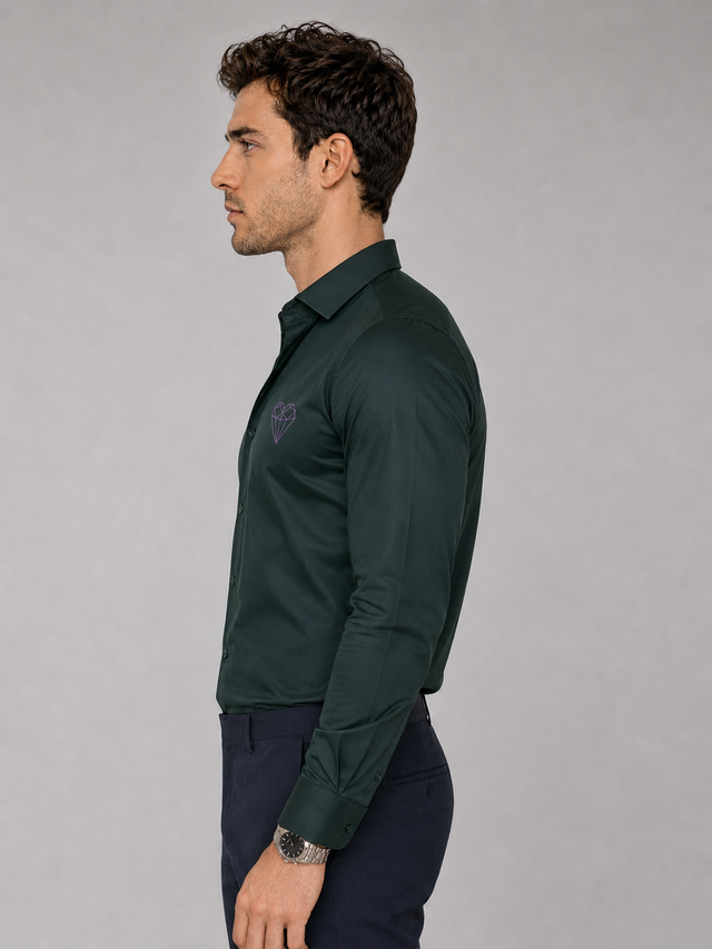 Bottle Green Geometric Heart Embroidered Shirt