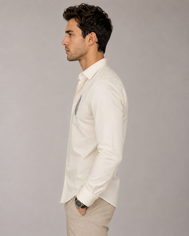 Ivory Feather Embroidered Cotton Satin Shirt