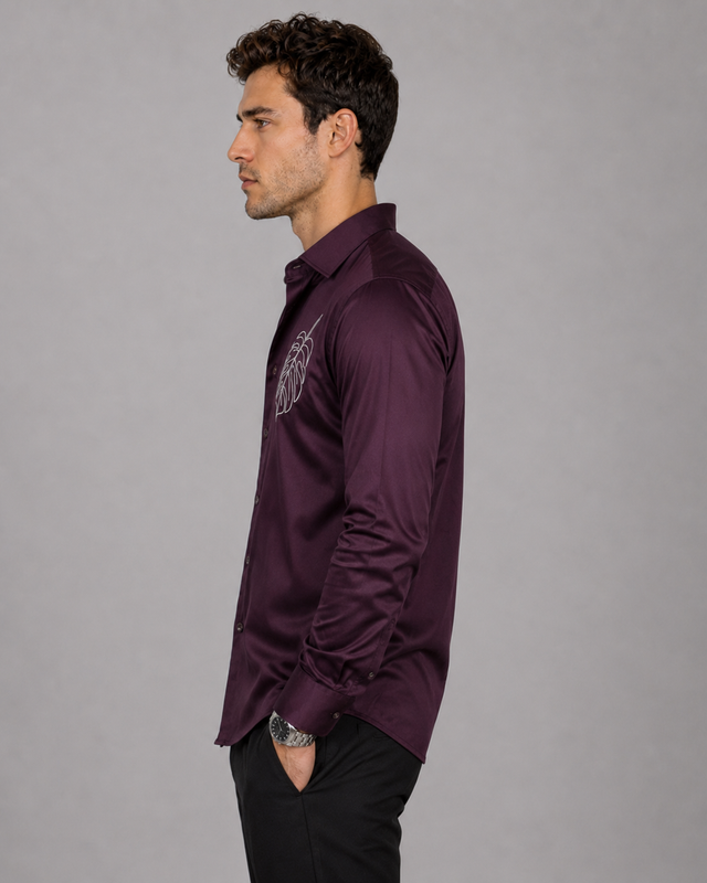 Dark Wine Monstera Embroidered Shirt