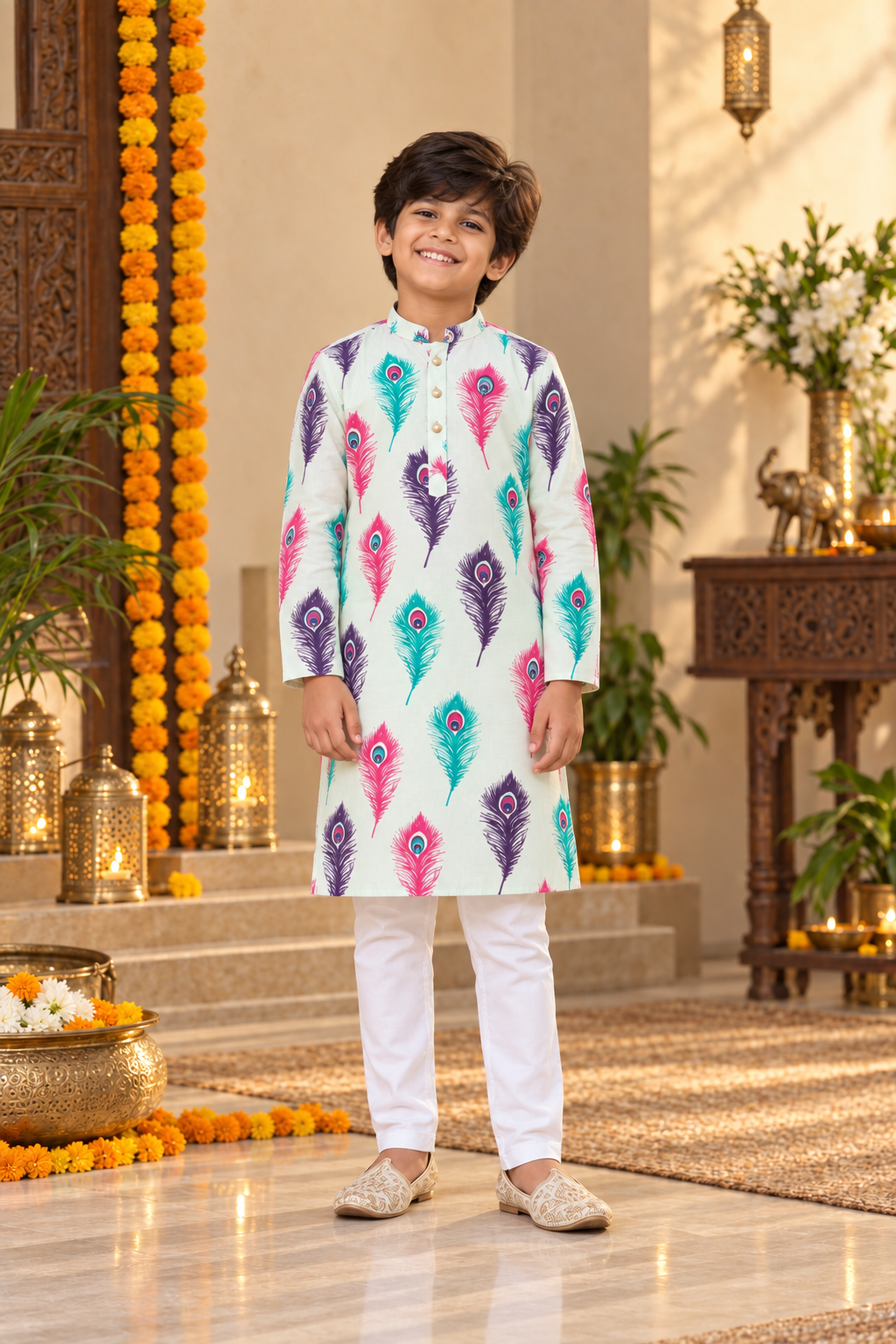 Peacock Feather Father–Son Twinning Kurta Pajama Set