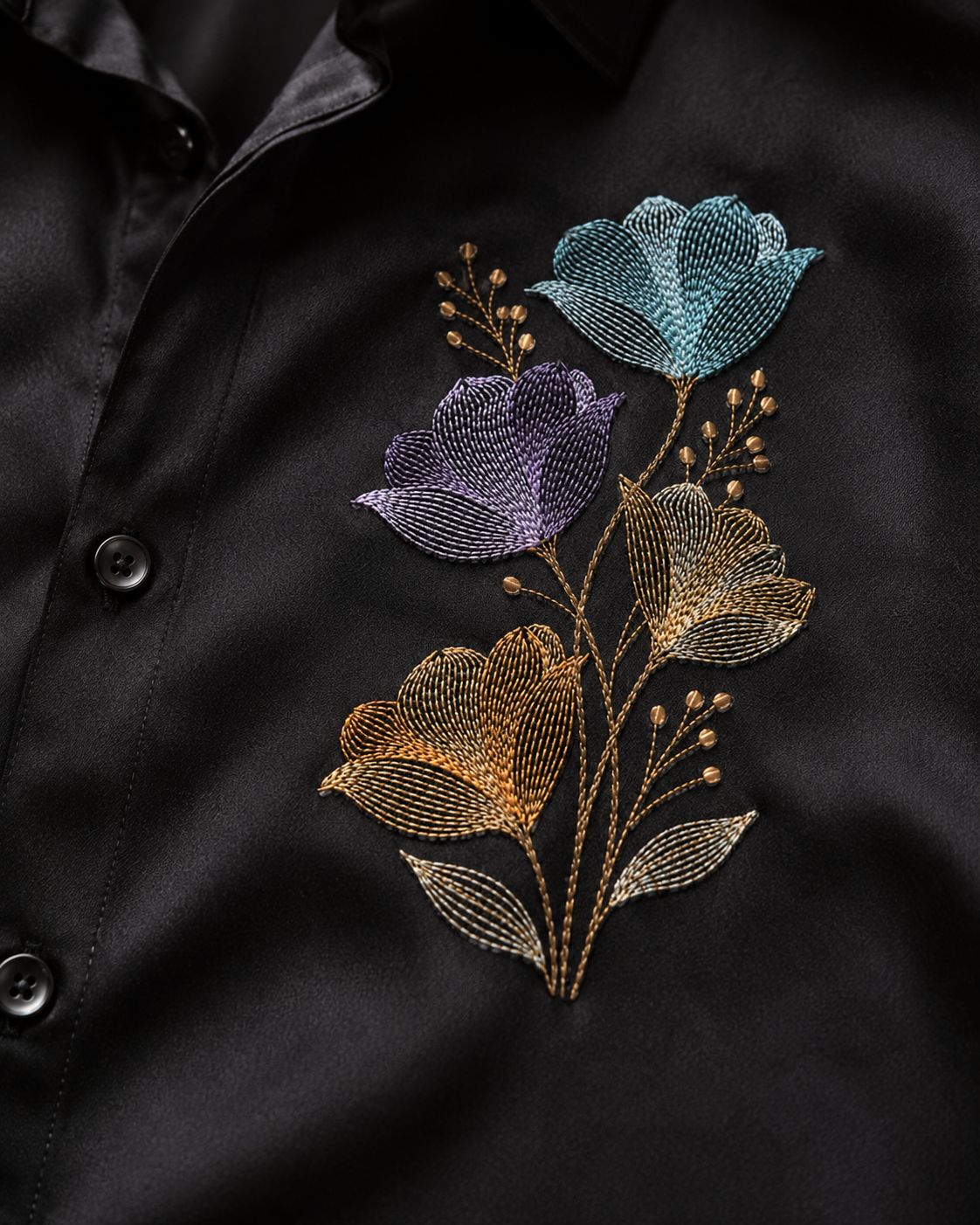 Black Floral Embroidered Cotton Satin Shirt