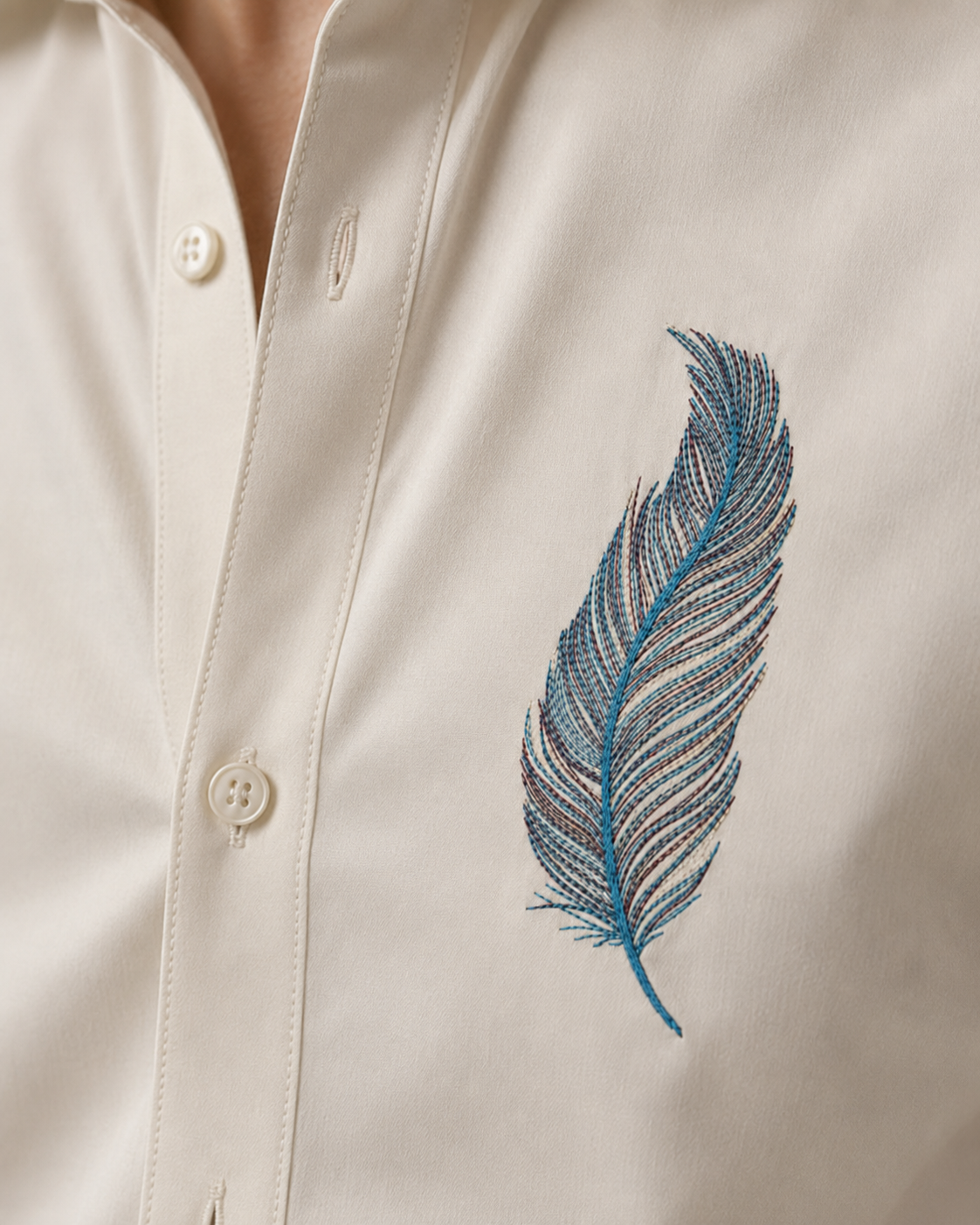Ivory Feather Embroidered Cotton Satin Shirt