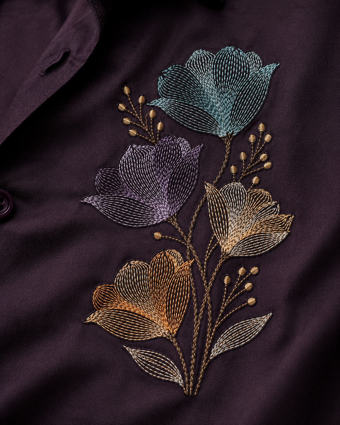 Dark Wine Floral Embroidery Shirt