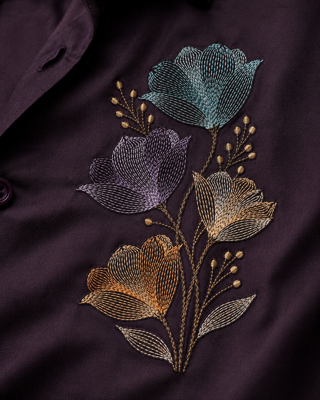 Dark Wine Floral Embroidery Shirt