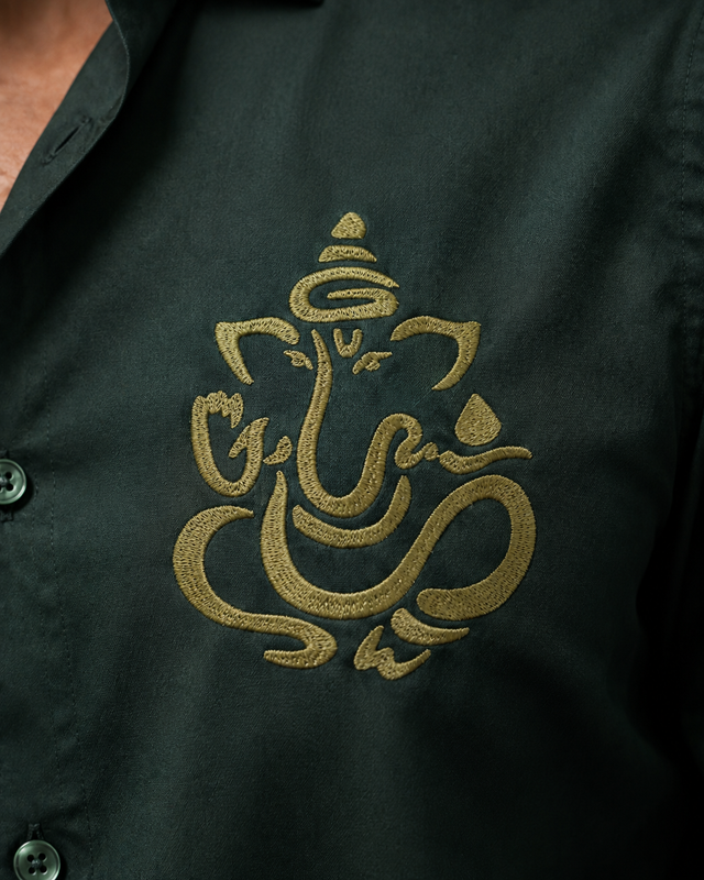 Bottle Green Ganesh Embroidery Shirt