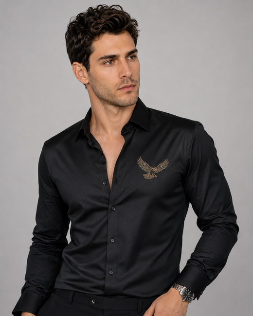 Black Eagle Embroidered Cotton Satin Shirt