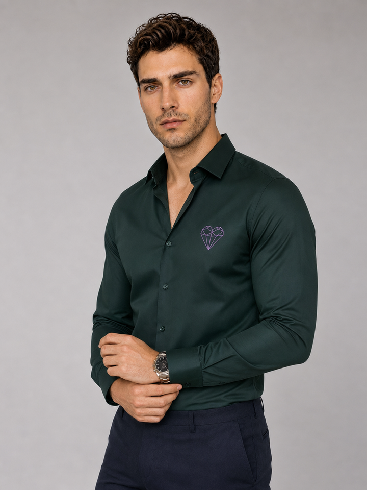 Bottle Green Geometric Heart Embroidered Shirt